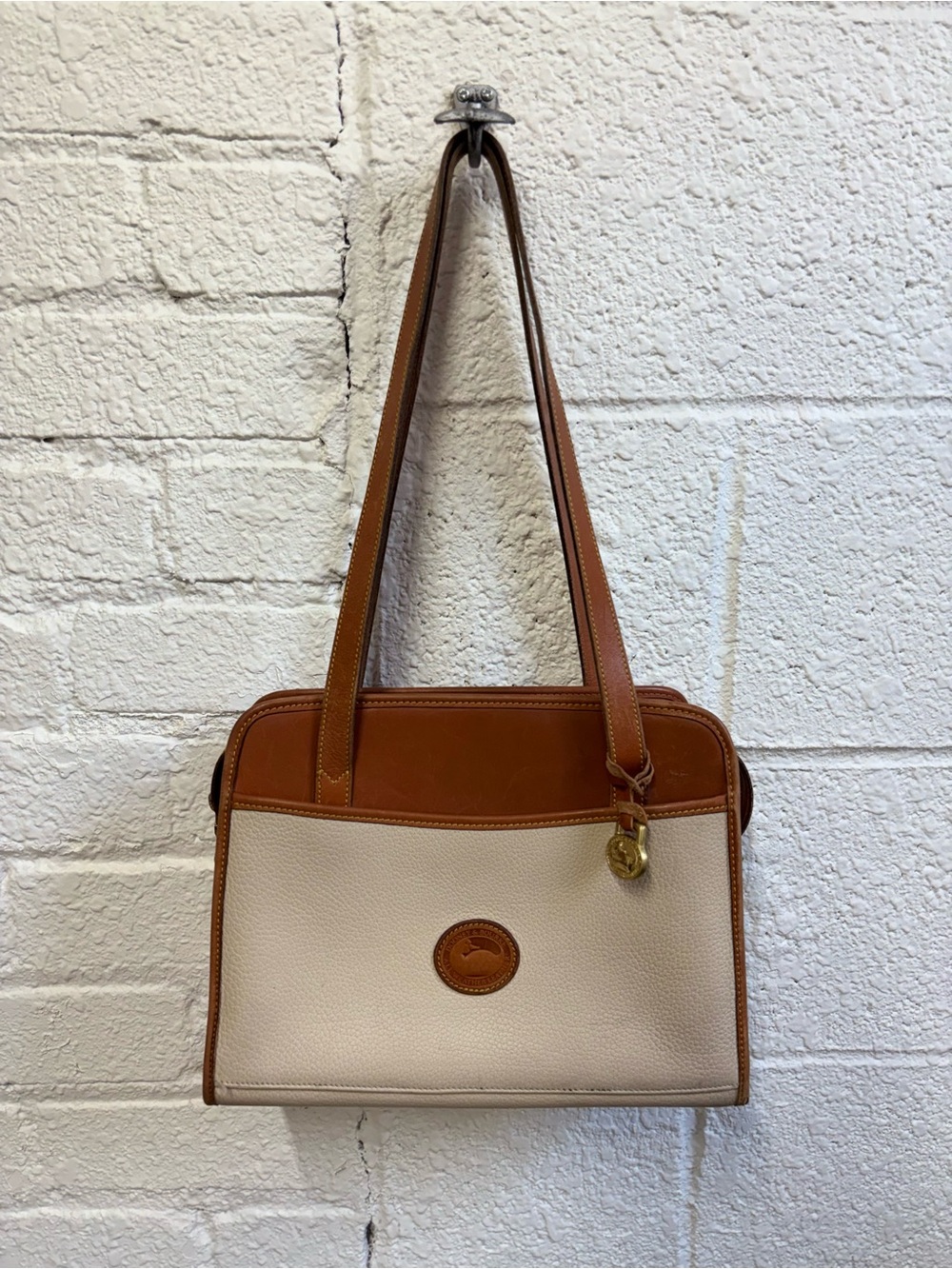 Vintage Dooney & Bourke All Weather Leather Shoulder Bag in Bone & British Tan